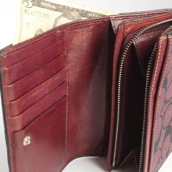 Coach Signature Wallet Multifunction Bifold Jacquard & Burgundy Leather - Picture 9 of 10